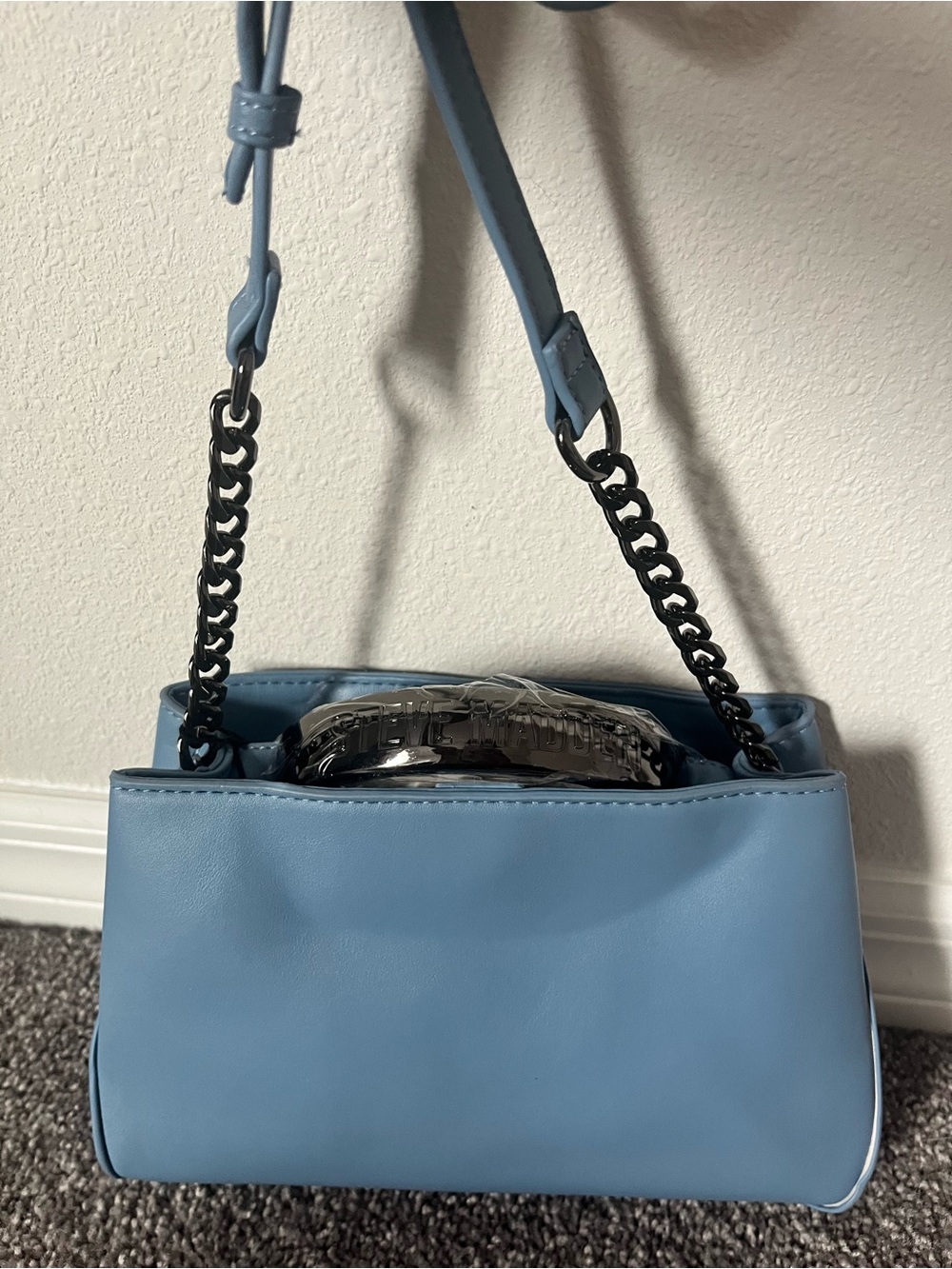 Blue Leatherette Chain-Handle Shoulder Bag by Steve Madden